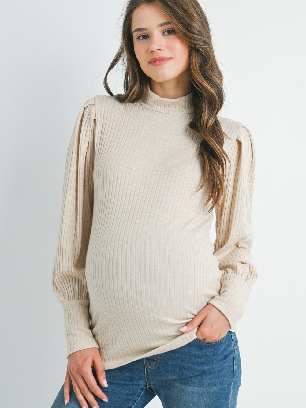 Ribbed Mock Neck Puff Sleeve Maternity Top